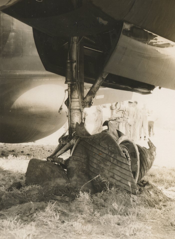 Close-up of the blown undercarriage tyres on Neptune A89-310 after the Mt Isa forced landing